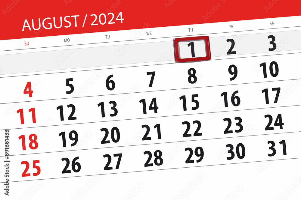 Obraz premium Calendar 2024, deadline, day, month, page, organizer, date, August, thursday, number 1