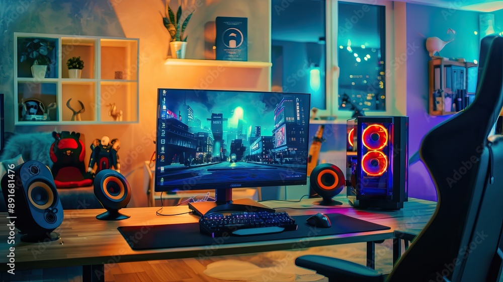 Desktop PC Setup, High End Gaming or Editing Computer with RGB Lights. Modern gaming setup High quality AI generated image Desktop PC Setup, High End Gaming or Editing Computer with RGB Lights. Modern gaming setup High quality AI generated image