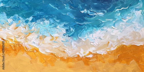 Abstract painting depicting vibrant coastal waves crashing onto a beach with vivid blue and sandy hues.