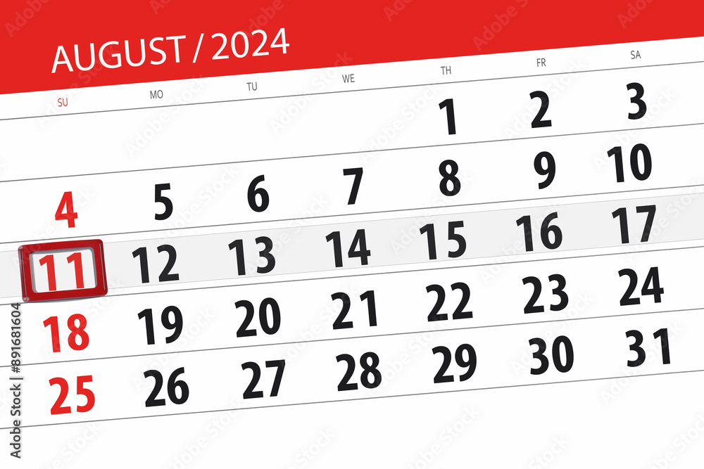 Fototapeta premium Calendar 2024, deadline, day, month, page, organizer, date, August, sunday, number 11