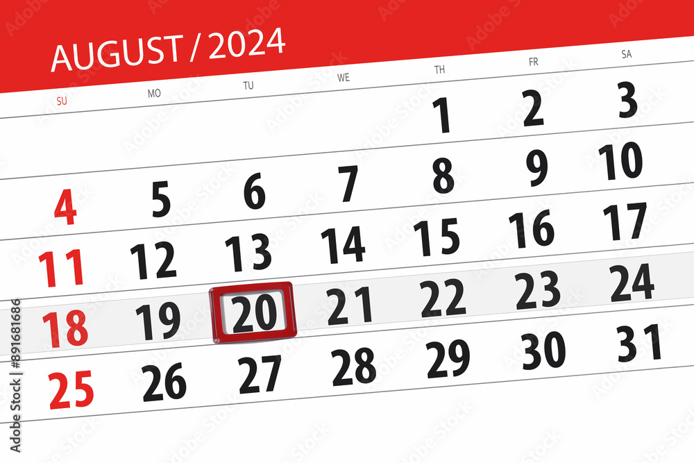 Fototapeta premium Calendar 2024, deadline, day, month, page, organizer, date, August, tuesday, number 20