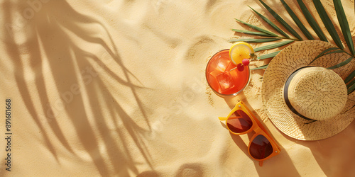 Straw hat, cocktail and sunglasses on the sand in the shade of palm leaves. Hot Summer banner template for advertising travel agency, summer time and vacation with place for text