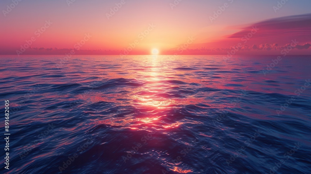 Obraz premium Stunning sunset over the ocean with vibrant colors reflecting on the water; a perfect scene depicting nature's beauty and serenity.