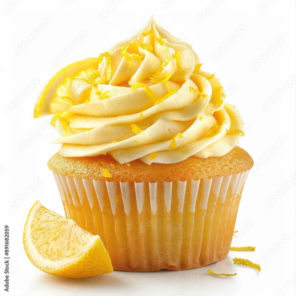 A highly detailed image of a lemon cupcake with zesty lemon frosting, topped with lemon zest Isolated on a solid white background, PNG dicut style, object as model A highly detailed image of a lemon cupcake with zesty lemon frosting, topped with lemon zest Isolated on a solid white background, PNG dicut style, object as model