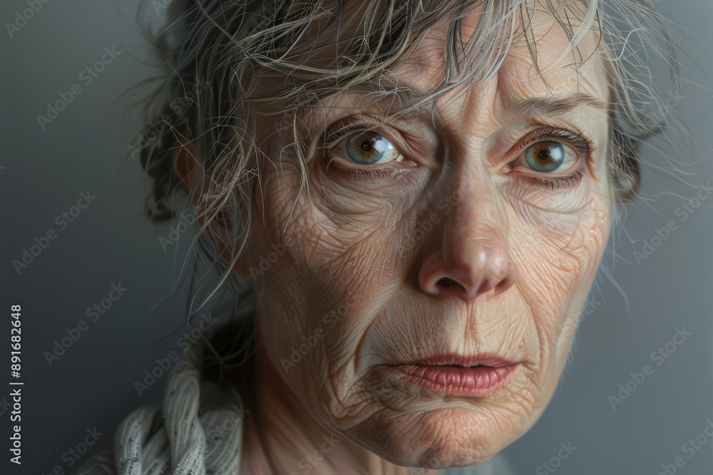 An elderly woman, her grey hair disheveled and vivid green eyes full of sorrow, gazes at the camera. Her deeply lined face captures years of experience and emotion. An elderly woman, her grey hair disheveled and vivid green eyes full of sorrow, gazes at the camera. Her deeply lined face captures years of experience and emotion.