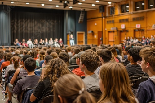 A school assembly with students sitting in rows, listening attentively to a guest speaker on stage.