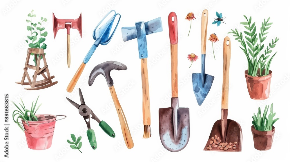 Fototapeta premium Watercolor big spring set with gardening tools. Gardening tools, seeds and insects isolated on white background. Hand drawn. Gardening tools isolated on white. Photo realistic photo.