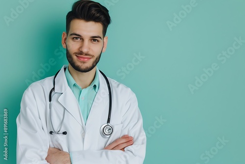 Male doctor with stethoscope, light teal background, professional and attentive