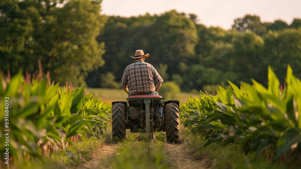 Obraz premium Farmer riding a tractor through a green cornfield on a sunny day