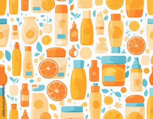 Sun screen protection cream concept. Vector flat illustration, Set of horizontal jar, tube and bottle of summer suncream. Yellow and orange color. Design for cosmetic industry and dermatology