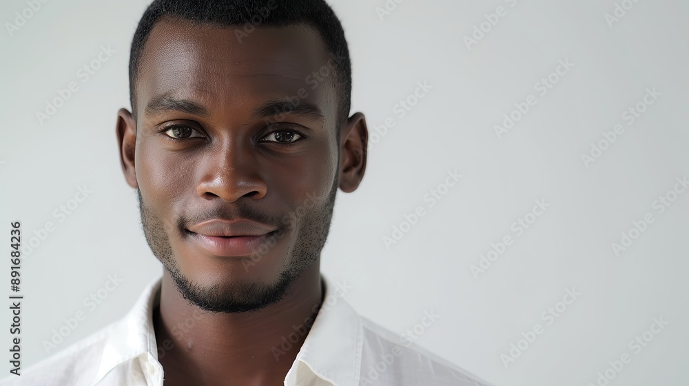 Obraz premium Young african male in a white shirt smiling slightly, looking directly at the camera against a plain white background, with copy space