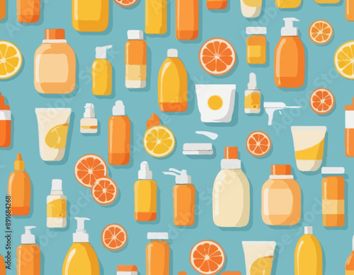 Sun screen protection cream concept. Vector flat illustration, Set of horizontal jar, tube and bottle of summer suncream. Yellow and orange color. Design for cosmetic industry and dermatology