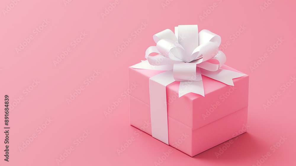 Obraz premium Pink gift box adorned with a white ribbon is elegantly presented against a matching pink backdrop