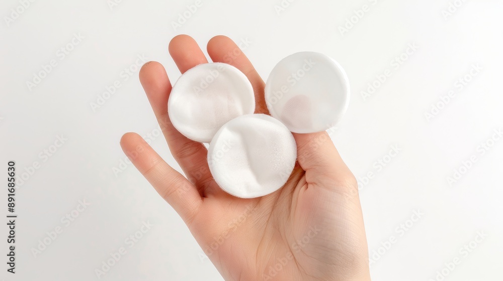 Round cotton pads in a female hand, isolated on a white background. Disposable personal hygiene products. Healthy lifestyle. Hygiene. Health. Baby products isolated on white. Photo realistic photo. Round cotton pads in a female hand, isolated on a white background. Disposable personal hygiene products. Healthy lifestyle. Hygiene. Health. Baby products isolated on white. Photo realistic photo.