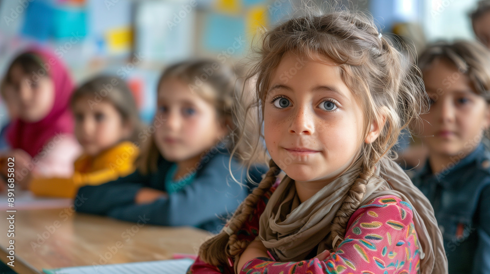 Portrait of smiling migrant schoolgirl sitting in classroom with classmates in background in an European school Portrait of smiling migrant schoolgirl sitting in classroom with classmates in background in an European school