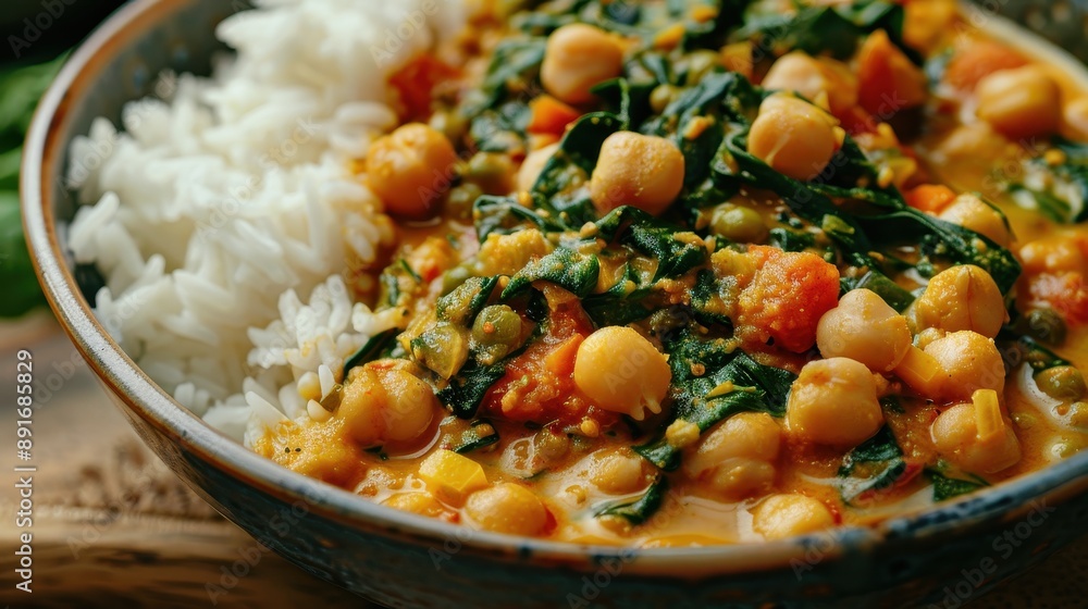 Delicious Vegan Curry with Chickpeas, Spinach, and Coconut Milk Served with Rice Close-Up Shot Delicious Vegan Curry with Chickpeas, Spinach, and Coconut Milk Served with Rice Close-Up Shot