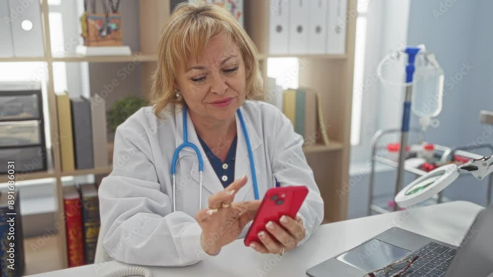 A middle-aged female doctor with blonde hair is sitting in a clinic room, wearing a white lab coat and stethoscope, using a red smartphone while seated at a desk with a laptop and medical equipment. A middle-aged female doctor with blonde hair is sitting in a clinic room, wearing a white lab coat and stethoscope, using a red smartphone while seated at a desk with a laptop and medical equipment.