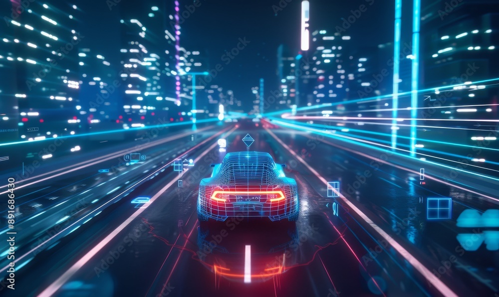 Cyberpunk Cityscape: Futuristic Car Driving Through Neon Lights Cyberpunk Cityscape: Futuristic Car Driving Through Neon Lights