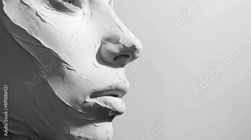 Profile of a model posing with her face covered in white clay for a beauty campaign or theatre performance photo