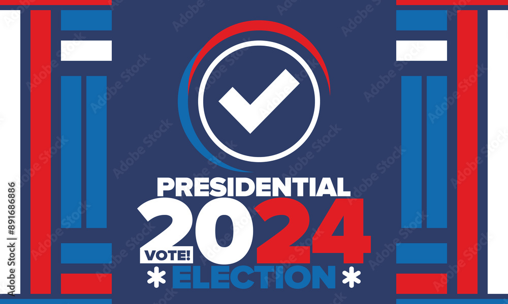 Fototapeta premium Presidential Election 2024 in United States. Vote day, November 5. US Election campaign. Make your choice! Patriotic american vector illustration. Poster, card, banner and background