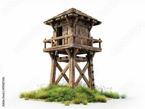 Rustic wooden watchtower isolated on white, surrounded by grass, standing tall as a testament to historical architecture.