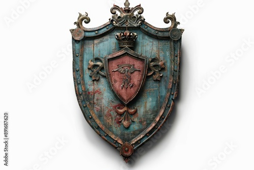 Vintage shield with intricate design and ornate details, featuring emblem and crown, ideal for medieval and historical themes.