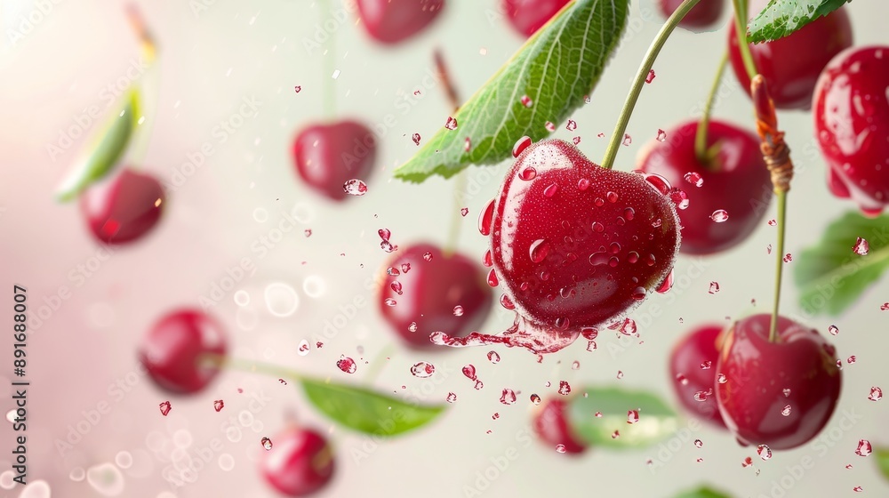 Fresh red cherry falling with slice, leaves, and water drops seasonal dessert fruit photo Fresh red cherry falling with slice, leaves, and water drops seasonal dessert fruit photo