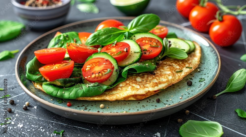 Healthy vegetable omelette topped with fresh tomatoes, cucumber, and spinach on a green plate, garnished with basil leaves. Healthy vegetable omelette topped with fresh tomatoes, cucumber, and spinach on a green plate, garnished with basil leaves.