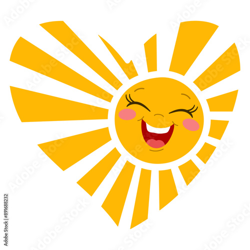 Smiling Sun in Heart Shape with Radiant Yellow Rays. cheerful sun with heart-shaped rays and a smiling face Hand drawn trendy flat style isolated. Concept of happiness and warmth. Vector illustration