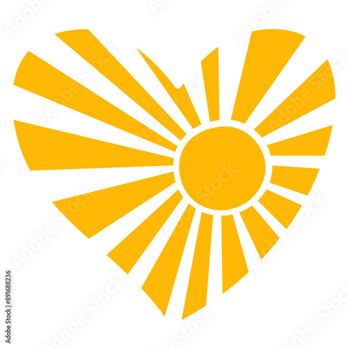 Yellow sunburst heart shape on a white background, stylized graphic design. Hand drawn trendy flat style isolated. Concept of love, warmth, and positivity. Vector illustration