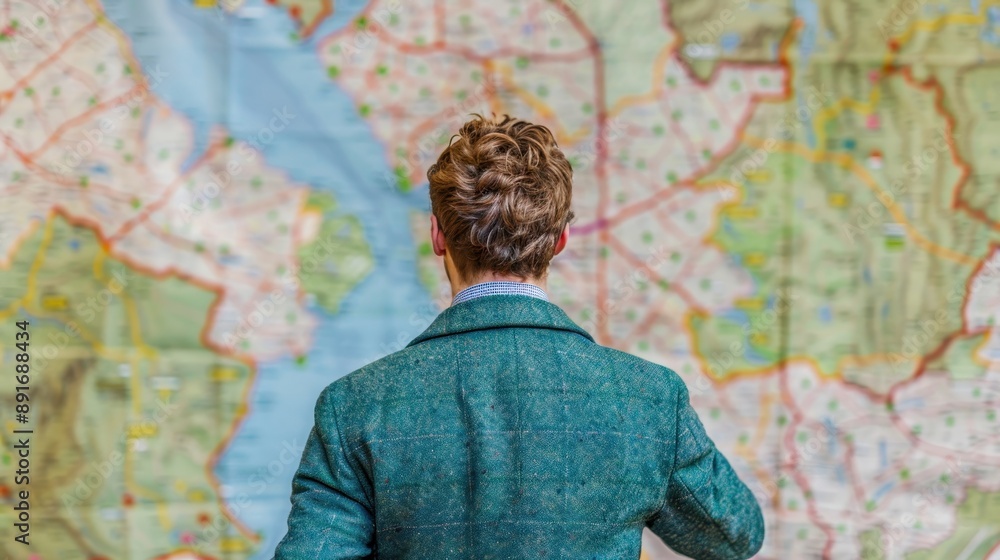 Fototapeta premium Man studying a detailed map, possibly planning a journey or route. Perfect for travel, exploration, and navigation concepts.