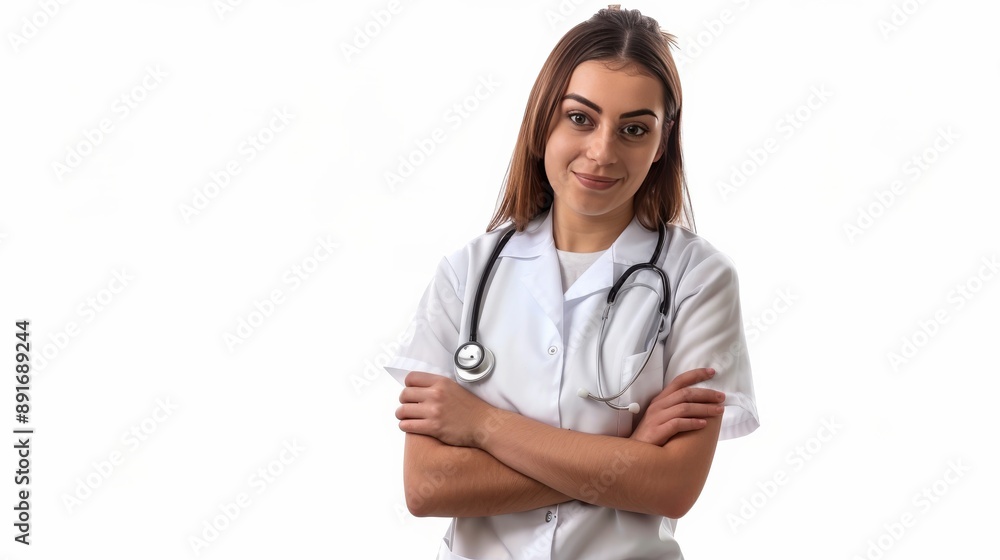 Portrait of a female doctor isolated on a white background. Avatar of a nurse with a stethoscope. Free space for text. Professions isolated on white. Photo realistic photo. Portrait of a female doctor isolated on a white background. Avatar of a nurse with a stethoscope. Free space for text. Professions isolated on white. Photo realistic photo.