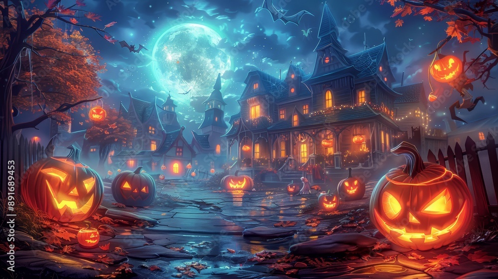 Spooky Castle and Jack-o'-Lanterns in Moonlight Spooky Castle and Jack-o'-Lanterns in Moonlight