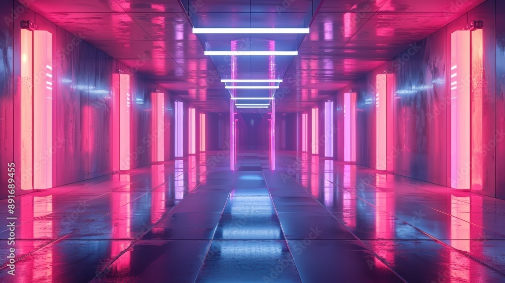 Fototapeta premium Futuristic Neon Corridor with Vibrant Pink and Blue Lights Reflecting on Shiny Metallic Floor in a Modern Sci-Fi Setting