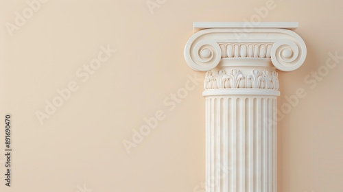 A white column with a spiral design sits on a tan wall