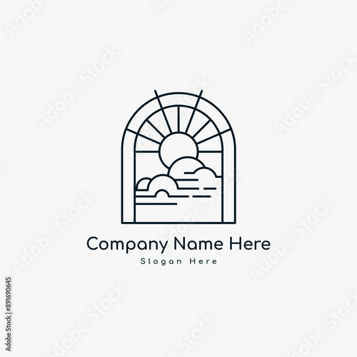 Open door or window with a sunrise outside. Opportunity for future success or light after dark. Use to show Happy ending or opportunity beyond the door. Use as a logo or symbol for a company