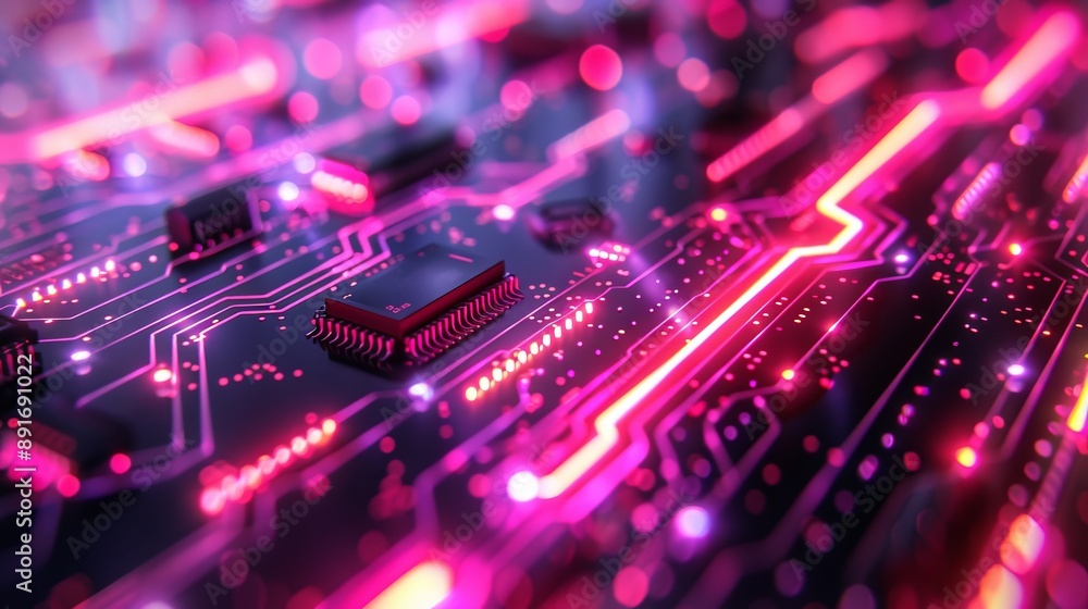 Vibrant Red Glowing Circuit Board Close-Up Vibrant Red Glowing Circuit Board Close-Up