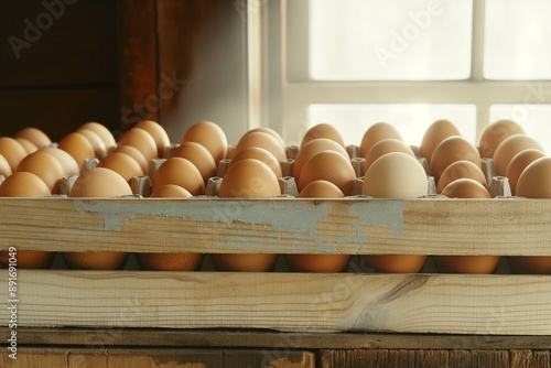A rustic wooden egg crate, ...