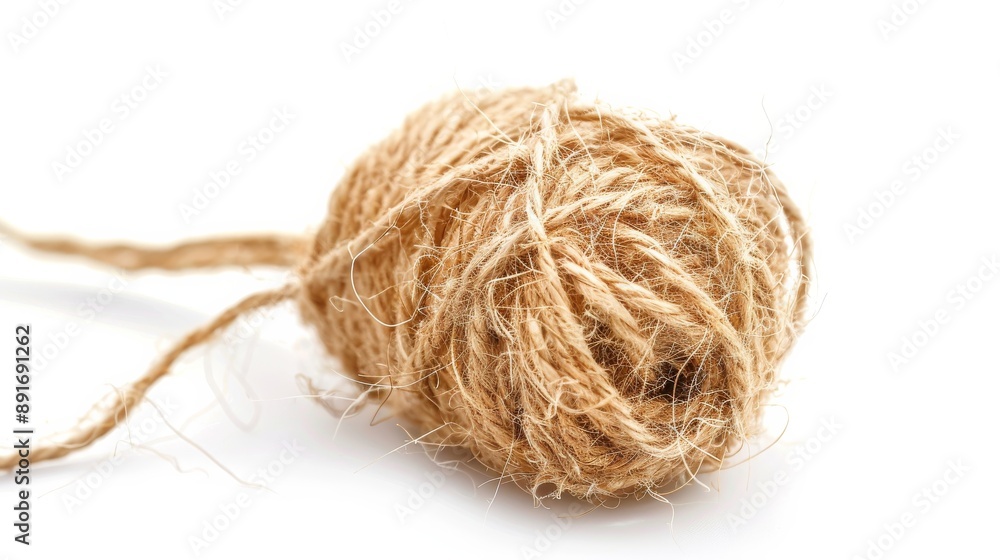 close-up of brown jute twine for DIY and gift wrapping, isolated on white background, concept of zero waste or sustainable lifestyle. Hobby supplies isolated on white. Photo realistic photo. close-up of brown jute twine for DIY and gift wrapping, isolated on white background, concept of zero waste or sustainable lifestyle. Hobby supplies isolated on white. Photo realistic photo.