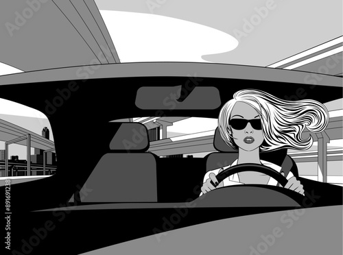 A young blonde with loose hair is driving a car against the background of an overpass on the highway and an urban landscape