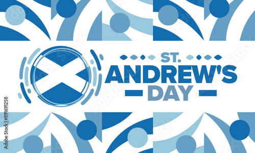 Saint Andrew's Day in Scotland. National day in Scotland. Happy holiday Andermas, celebrated annual in November 30. Scottish flag. Patriotic elements. Poster, card, banner and background. Vector photo