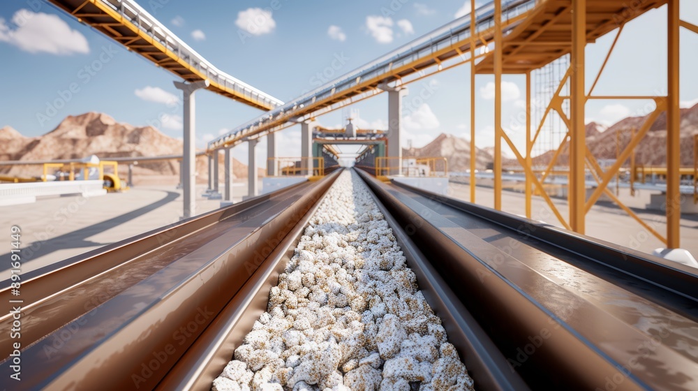 A conveyor belt transporting raw ore to a processing plant, surrounded by industrial structures and machinery A conveyor belt transporting raw ore to a processing plant, surrounded by industrial structures and machinery