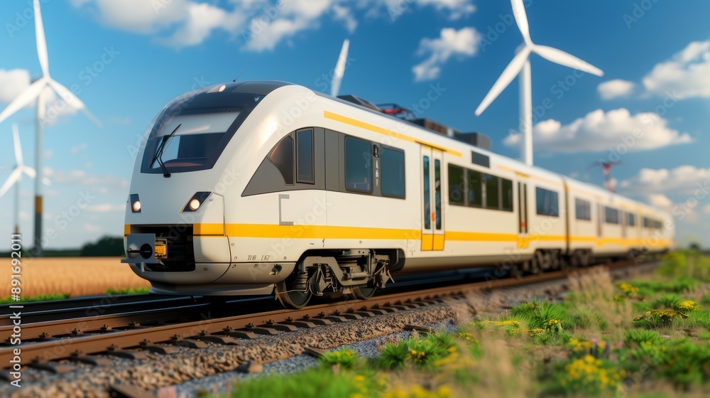 Naklejka premium A detailed shot of an electric train traveling through a countryside, with wind turbines in the background, high-resolution photo, realistic photo, cinematography, hyper realistic