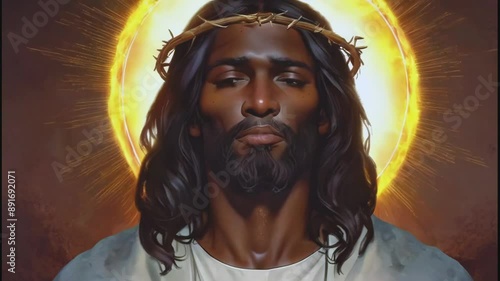 black Jesus Christ face portrait with halo and light rays isolated animation --4k stock video footage AI	