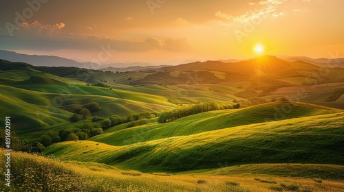 A panoramic view of rolling green hills at sunset in the Italian countryside