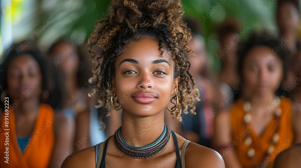 A young woman with curly hair and colorful necklace stands confidently in focus against a background of people suggesting a communal or social setting. A young woman with curly hair and colorful necklace stands confidently in focus against a background of people suggesting a communal or social setting.