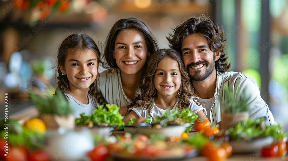 A happy family of four, comprising parents and two young children, smiles cheerfully in the kitchen surrounded by fresh vegetables and greens; ideal for advertisements focusing on family bonding A happy family of four, comprising parents and two young children, smiles cheerfully in the kitchen surrounded by fresh vegetables and greens; ideal for advertisements focusing on family bonding