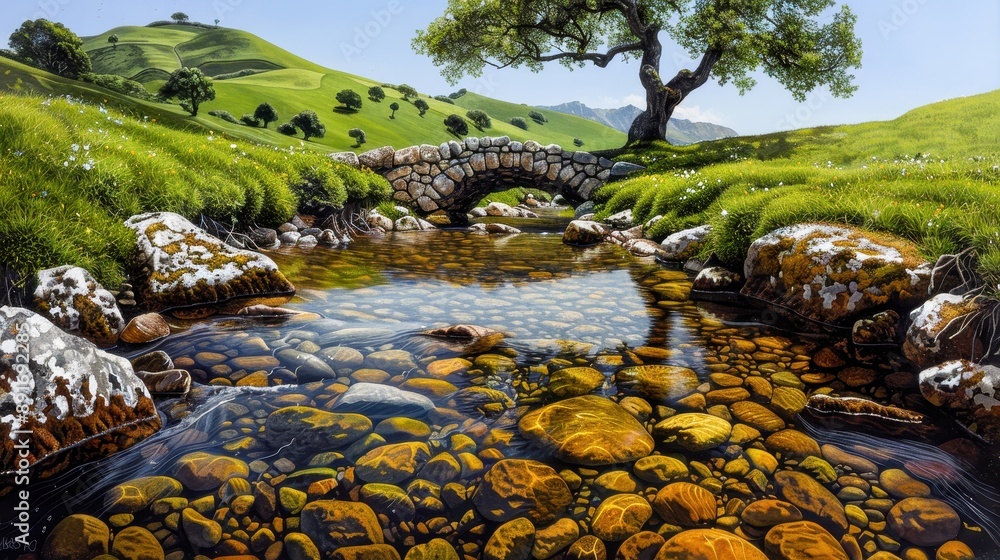 Fototapeta premium Serene landscape with a stone bridge over a crystal-clear stream, surrounded by rolling green hills and a majestic tree.