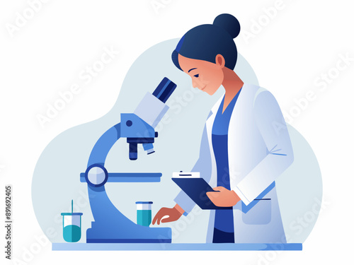  Female Doctor Examining Cancer Cells under Microscope with Test Tube in Research Laboratory, Vector Flat Illustration