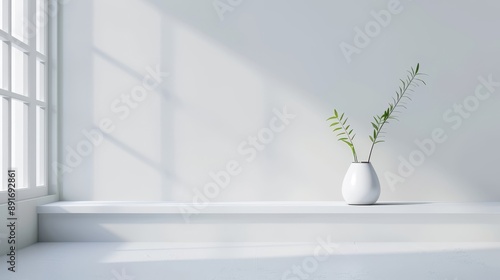 A white vase with green leaves sits on a white shelf in a room with a window